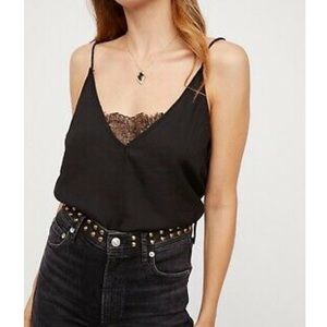 FREE PEOPLE Black Deep V Bandeau Cami Lace Insert Satin Flow Tank Top